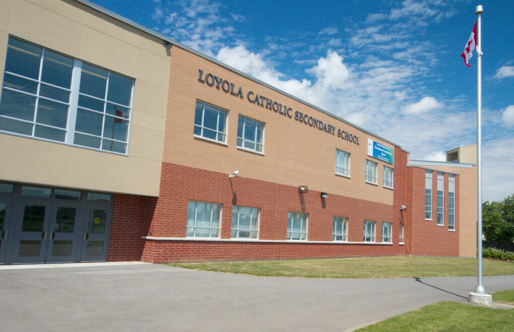 Front entrance of Loyola Catholic Secondary School building in Mississauga.