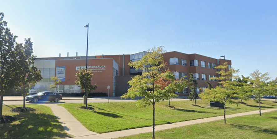 Exterior front view of Mississauga Secondary School building and entrance in Mississauga.
